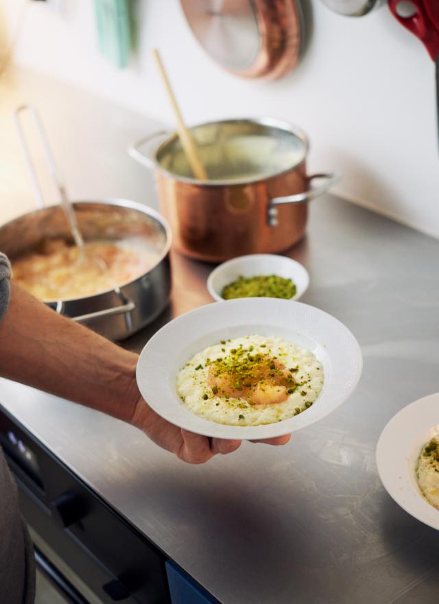 Rice pudding with apple jam and pistachios