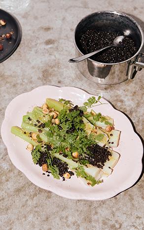 Steamed leeks with beluga lentils, chervil and vinaigrette